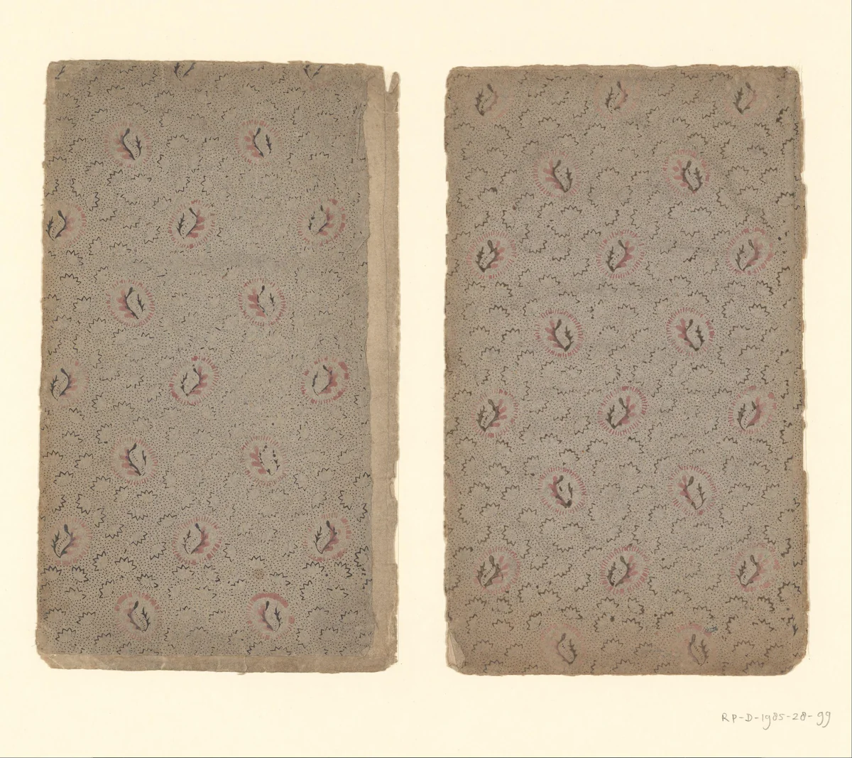 Twee bladen met strooipatroon van takjes in stralenkrans op fond van punten en zigzaglijnen by anonymous, other, 1750-1900