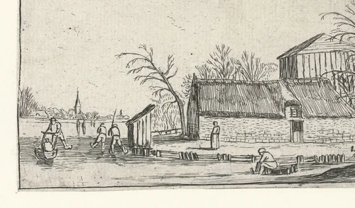 Bevroren rivier met schaatsers bij een boerderij by anonymous, print, 1610-1617