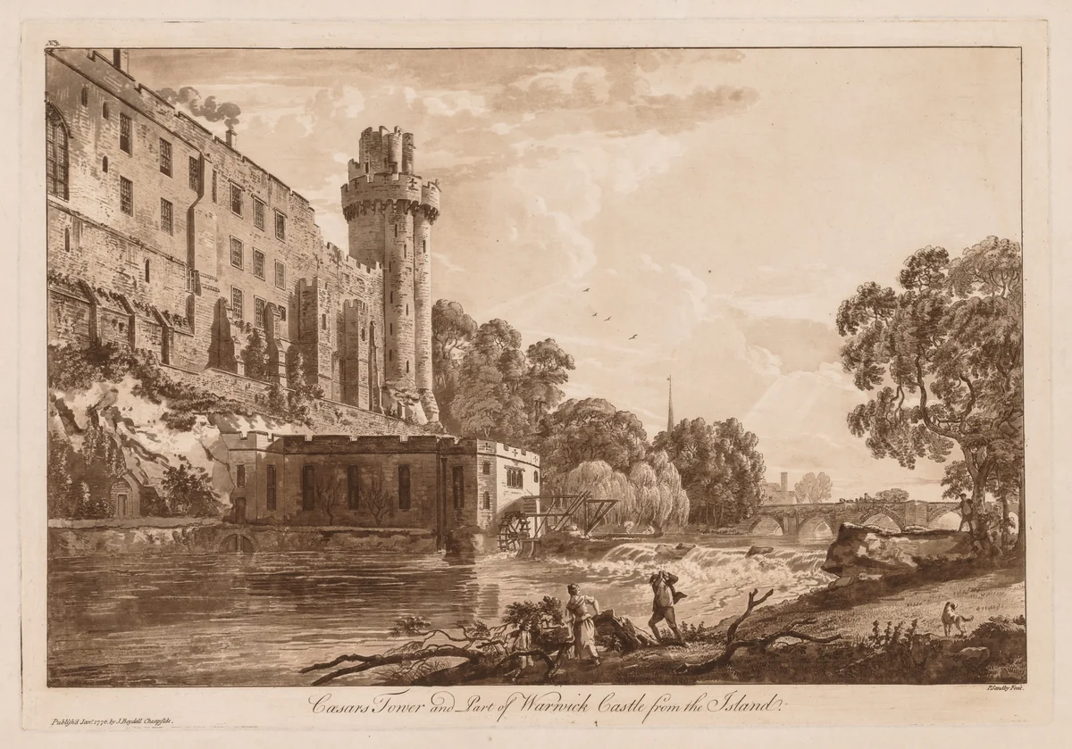 Views of Warwick Castle: Caesar's ower and Part of Warwick Castle from the Island by Paul Sandby, print, 1776