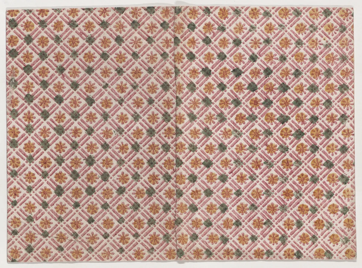 Book cover with geometric and floral pattern in red, yellow, and green by anonymous, print, 1800-1900