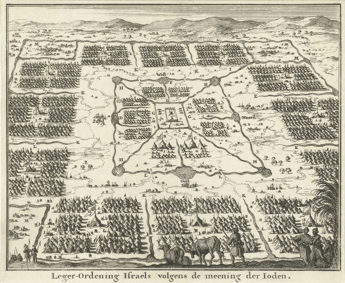 Tabernakel omringd door tentenkampen van de twaalf stammen van Israël by Jan Luyken, print, 1683