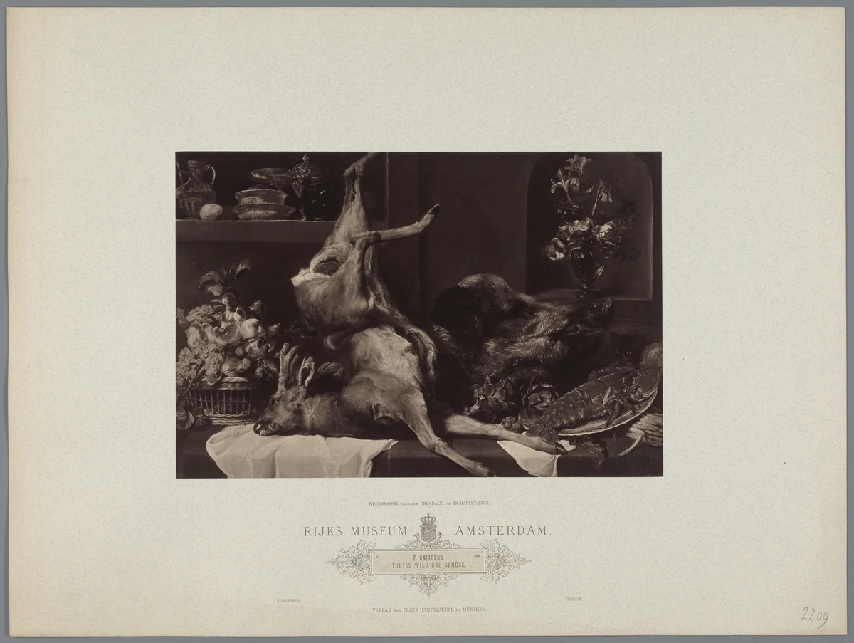Fotoreproductie van schilderij Stilleven met groot dood wild, vruchten en bloemen door Frans Snijders, coll. Rijksmuseum by Franz Hanfstaengl, photograph, 1886