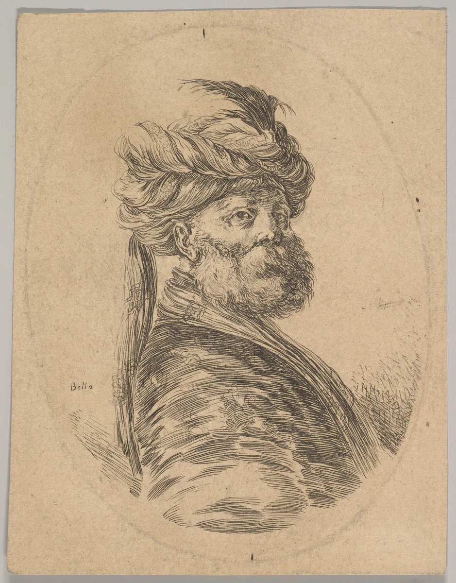 A Turkish man with a beard and turban with one long feather in front, turned three-quarters to the right, from "Several heads in the Persian style" (Plusieurs têtes coiffées à la persienne) by Stefano della Bella, print, 1650