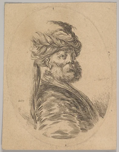 A Turkish man with a beard and turban with one long feather in front, turned three-quarters to the right, from "Several heads in the Persian style" (Plusieurs têtes coiffées à la persienne) by Stefano della Bella, print, 1650