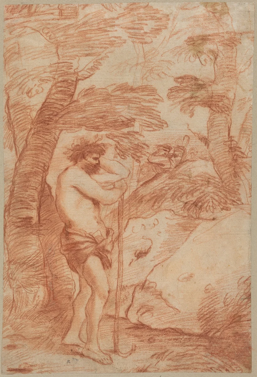 Standing Shepherd in a Landscape by Andrea De Leone, drawing, 1630-1639