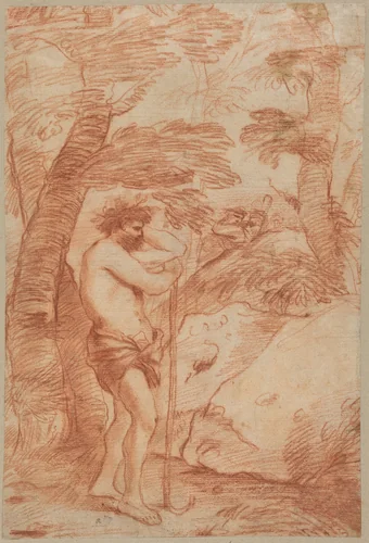 Standing Shepherd in a Landscape by Andrea De Leone, drawing, 1630-1639