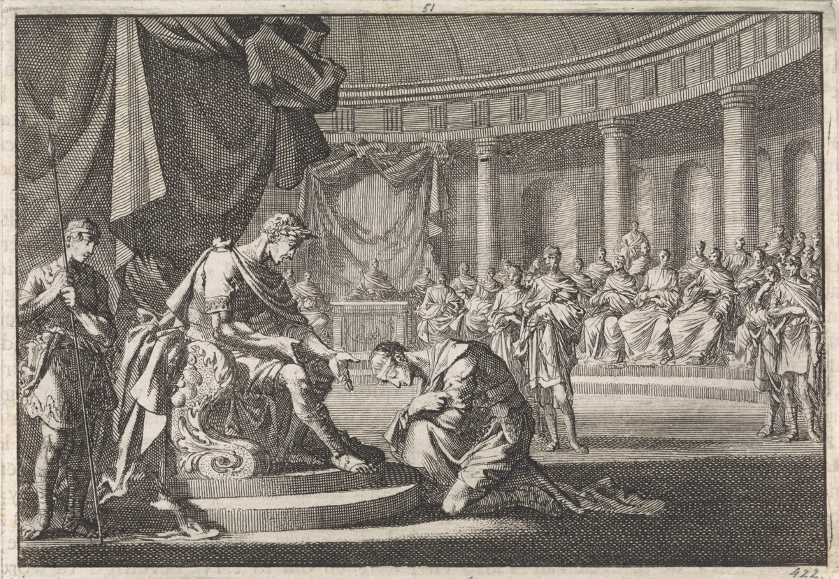 Archelaüs, zoon van Herodes, knielt te Rome voor keizer Augustus by Jan Luyken, print, 1704