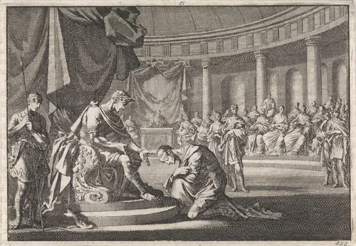 Archelaüs, zoon van Herodes, knielt te Rome voor keizer Augustus by Jan Luyken, print, 1704