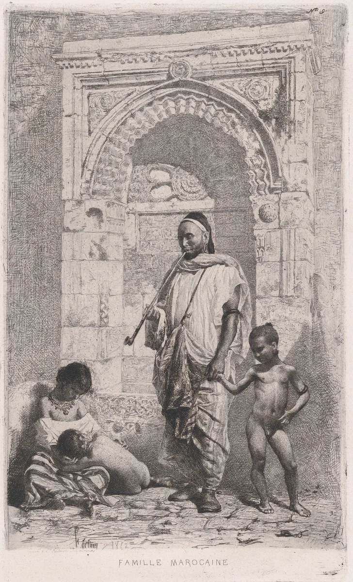 A Moroccan family in front of an arch, father standing, mother lower left on the ground holding a child by Mariano Fortuny, print, 1862