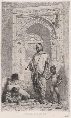 A Moroccan family in front of an arch, father standing, mother lower left on the ground holding a child by Mariano Fortuny, print, 1862