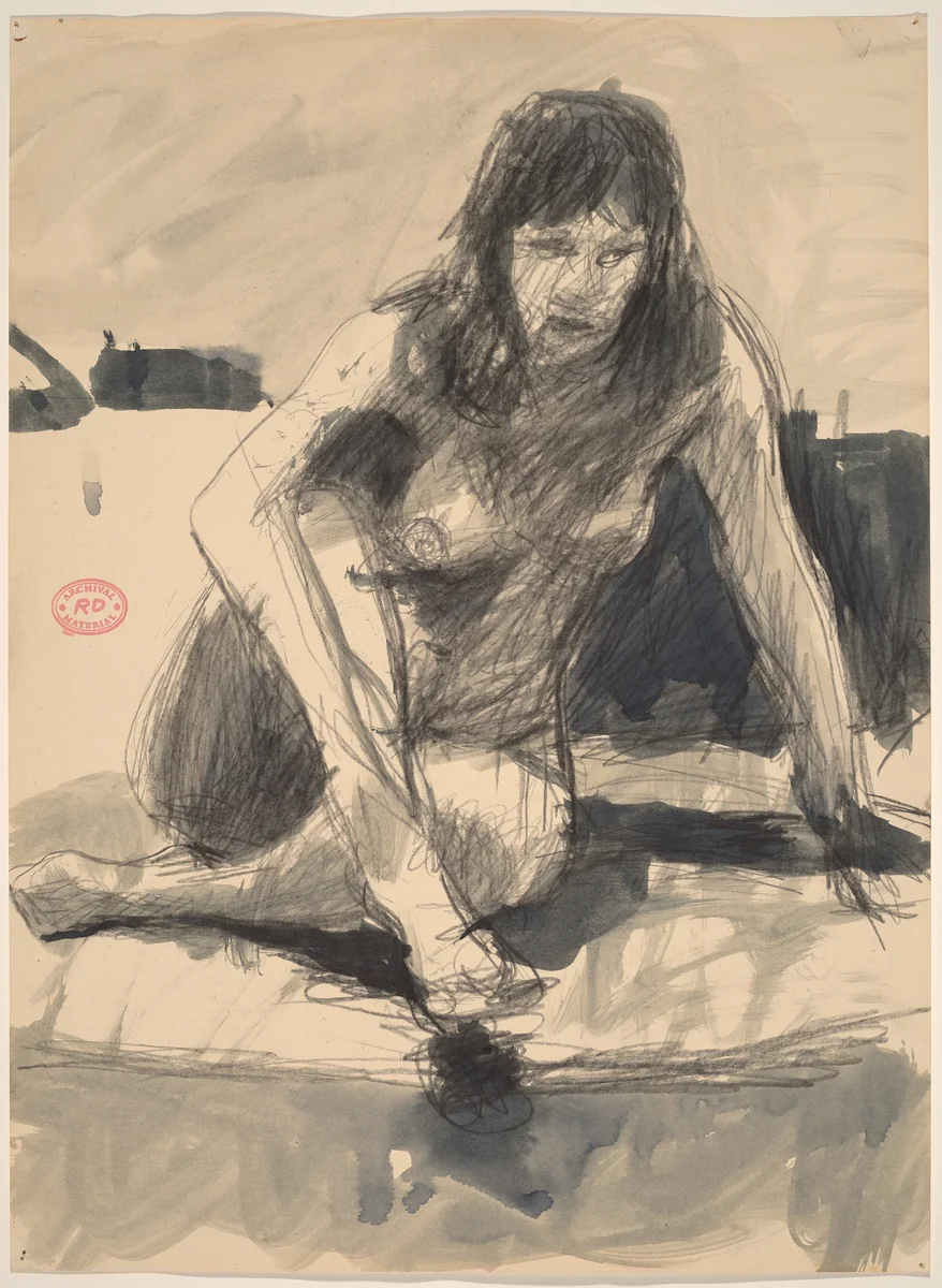 Untitled [female nude seated cross-legged and leaning on left arm] by Richard Diebenkorn, drawing, 1955-1967