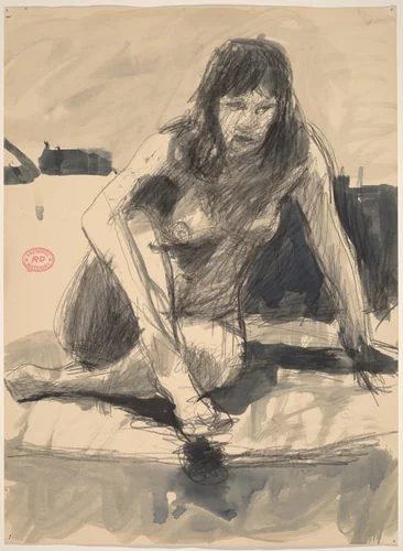 Untitled [female nude seated cross-legged and leaning on left arm] by Richard Diebenkorn, drawing, 1955-1967