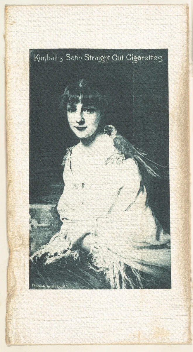 Seated woman with bird on shoulder (on white silk), from the Girl Art Subjects series (N193) issued by Wm. S. Kimball & Co. by William S. Kimball & Company, print, 1887-1894