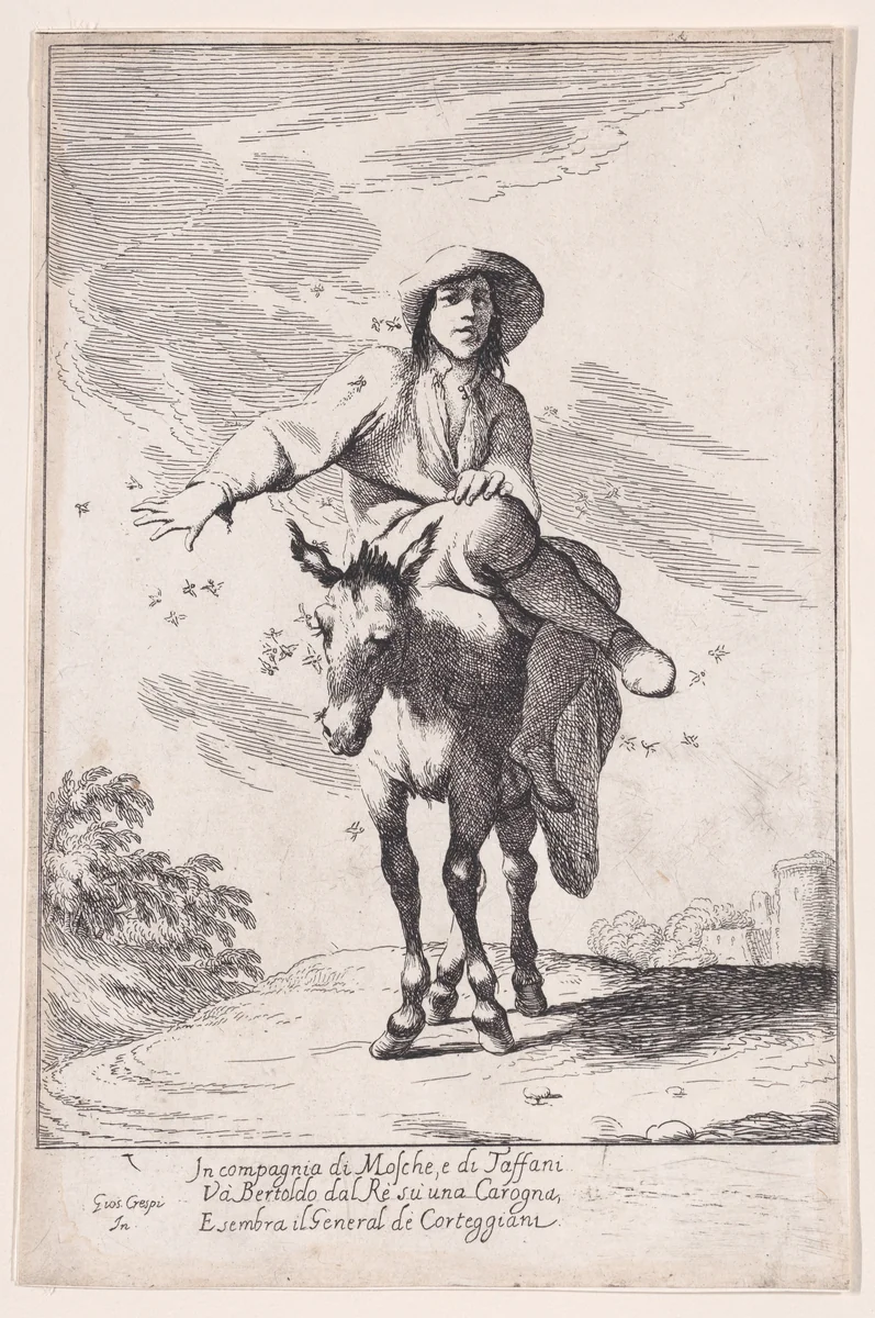Plate 1: Bertoldo riding a donkey, from "Bertoldo, Bertoldino, and Cacasenno" by Giuseppe Maria Crespi, print, 1705-1715