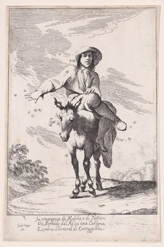 Plate 1: Bertoldo riding a donkey, from "Bertoldo, Bertoldino, and Cacasenno" by Giuseppe Maria Crespi, print, 1705-1715