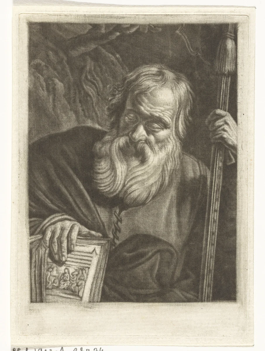 Oude man met een boek en een speer by Robbert Muys, print, 1755-1765