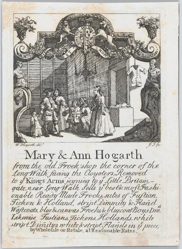 Trade card of Mary & Ann Hogarth, the old Frock Shop by William Hogarth, print, 1725-1735