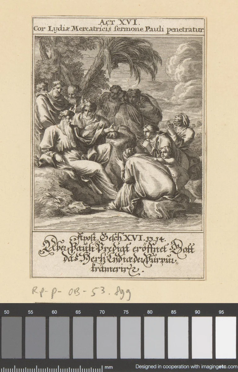 Apostel Paulus bekeert Lydia by anonymous, print, 1697