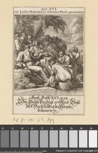 Apostel Paulus bekeert Lydia by anonymous, print, 1697