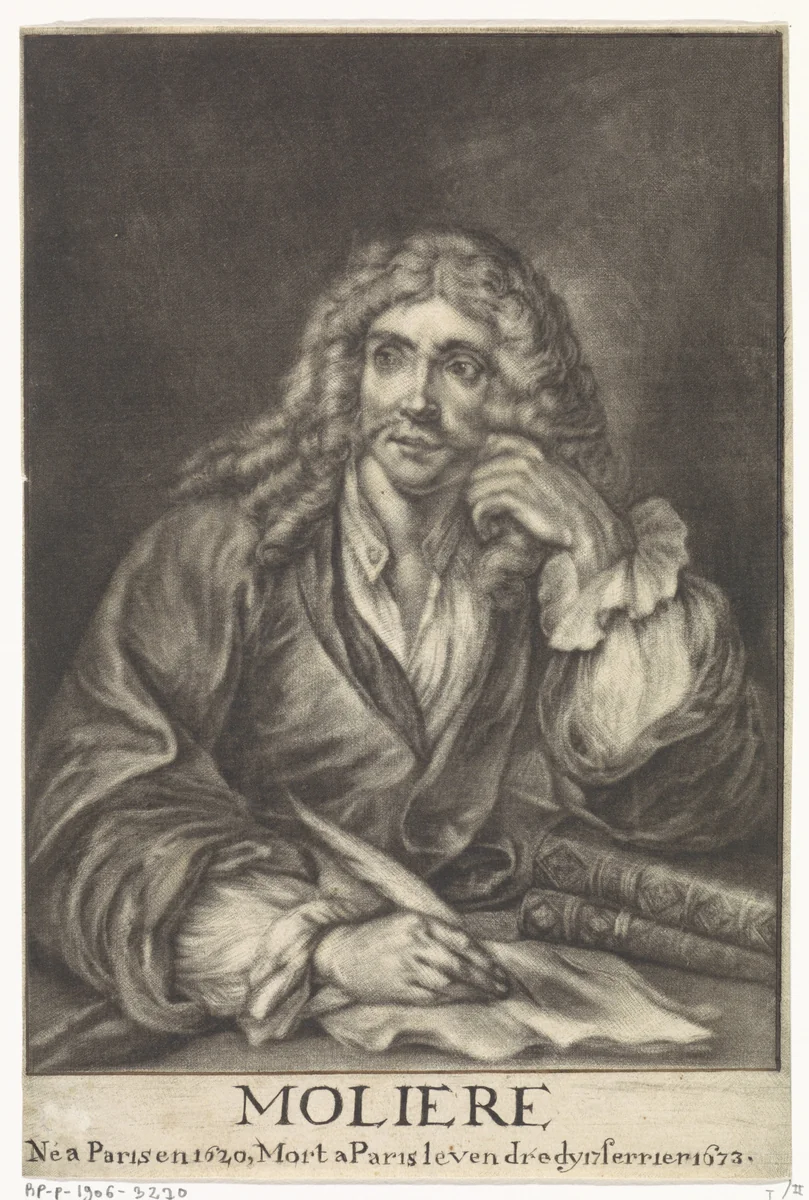 Portret van Jean Baptiste Poquelin de Molière by Johannes de Groot, print, 1699-1776
