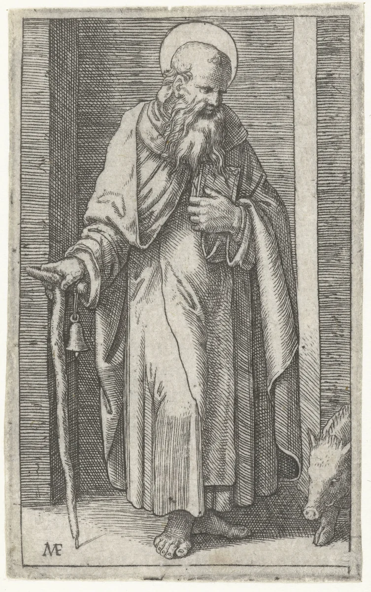 Heilige Antonius de Grote met taukruis en varken by Unknown, print, 1500-1527