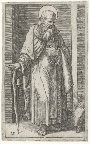 Heilige Antonius de Grote met taukruis en varken by Unknown, print, 1500-1527
