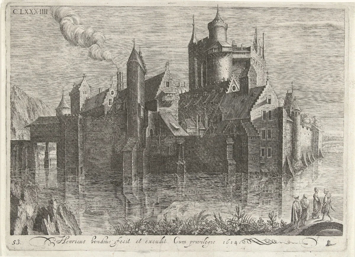 Kasteel aan rivier by Hendrick Hondius, print, 1614