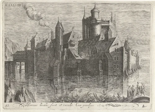 Kasteel aan rivier by Hendrick Hondius, print, 1614
