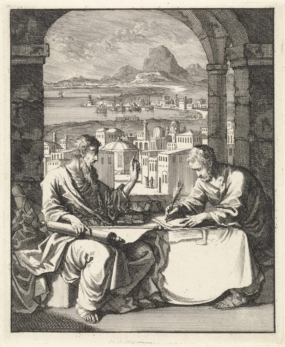 Paulus dicteert Tertius de brief aan de Romeinen by Jan Luyken, print, 1698