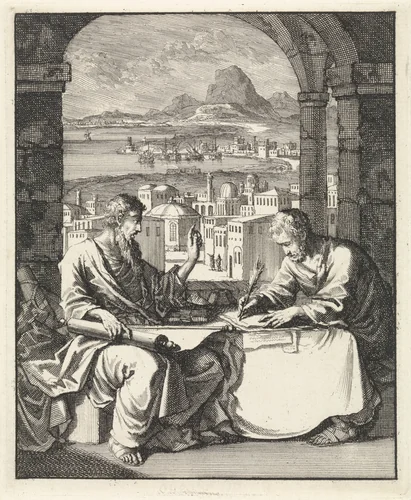 Paulus dicteert Tertius de brief aan de Romeinen by Jan Luyken, print, 1698