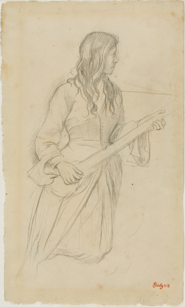 Young Woman Playing a Mandolin, Study for Portrait of Mlle. Fiocre in the Ballet "La Source" by Edgar Degas, drawing, 1866-1868
