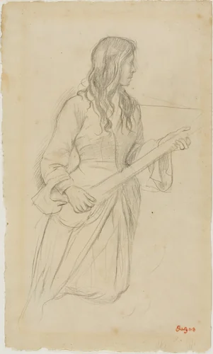 Young Woman Playing a Mandolin, Study for Portrait of Mlle. Fiocre in the Ballet "La Source" by Edgar Degas, drawing, 1866-1868