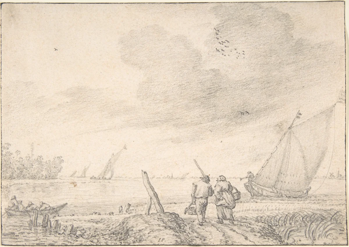 River Landscape by Jan Porcellis, drawing, 1595-1632