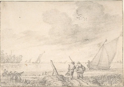 River Landscape by Jan Porcellis, drawing, 1595-1632