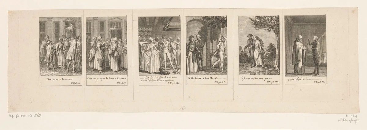 Zes voorstellingen uit Sternes empfindsame Reise by Daniel Nikolaus Chodowiecki, print, 1783