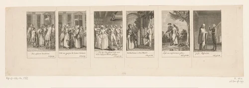 Zes voorstellingen uit Sternes empfindsame Reise by Daniel Nikolaus Chodowiecki, print, 1783