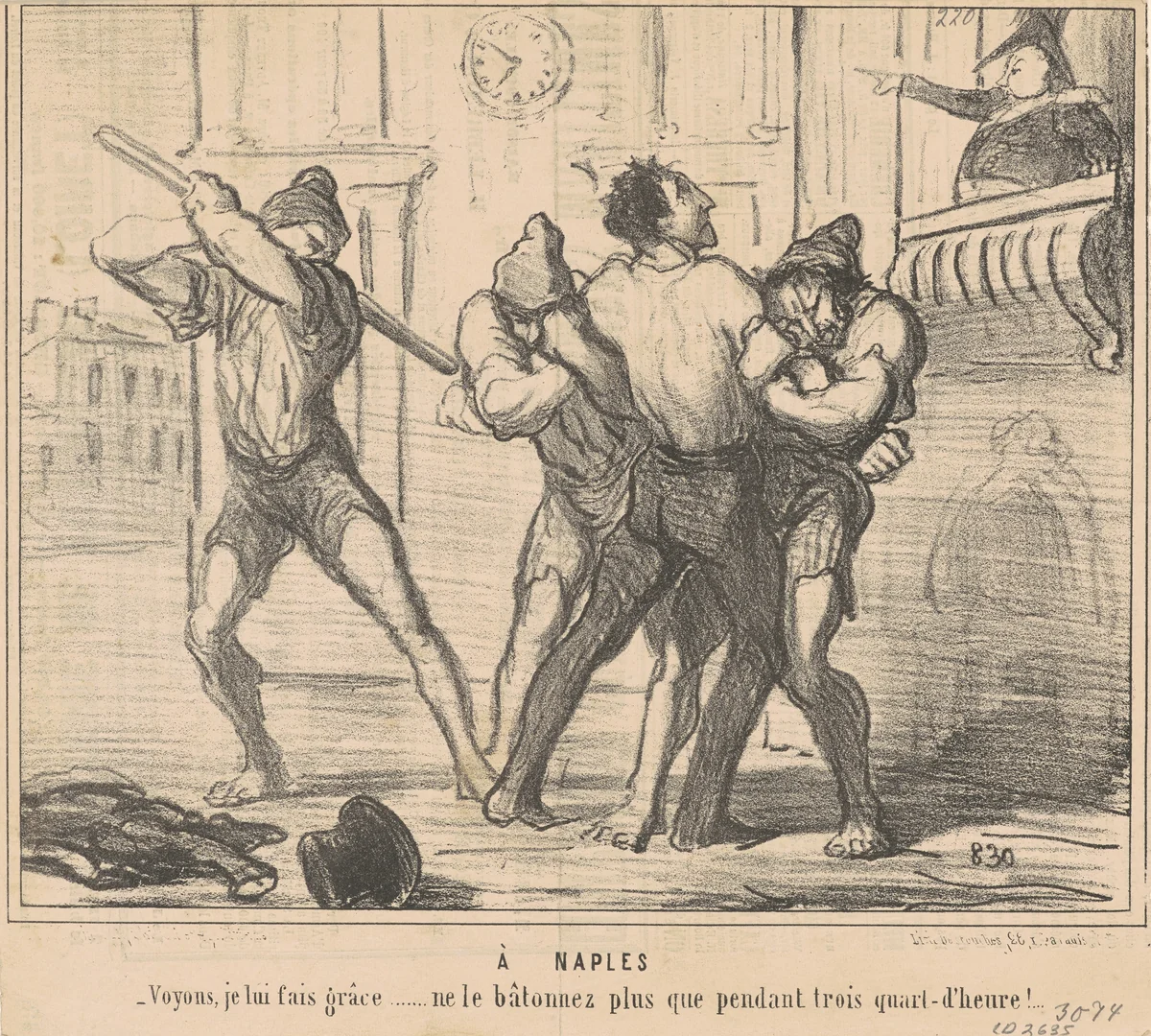 A Naples: Voyons, je lui fais grace ... by Honoré Daumier, print, 1855