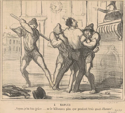 A Naples: Voyons, je lui fais grace ... by Honoré Daumier, print, 1855