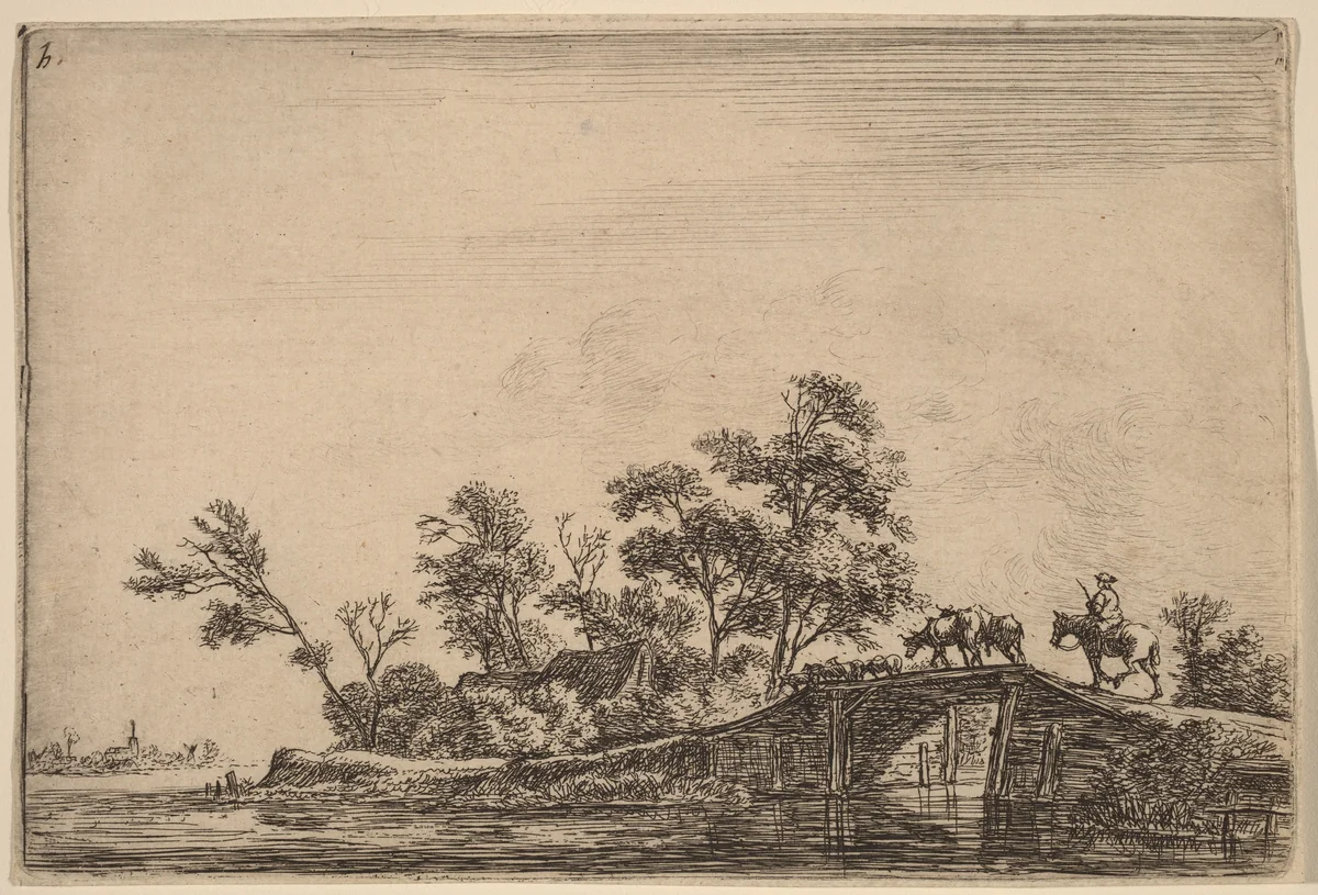 Rider and Flock on a Bridge by Anthonie Waterloo, print, 1609-1690