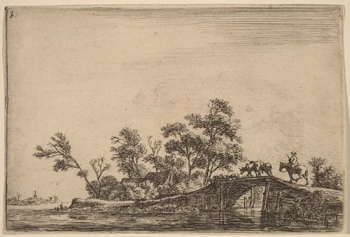 Rider and Flock on a Bridge by Anthonie Waterloo, print, 1609-1690