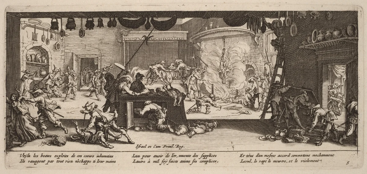 Plundering a Large Farmhouse by Gerrit van Schagen; Jacques Callot, print, 1637-1647