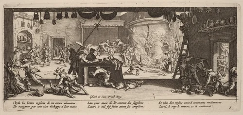 Plundering a Large Farmhouse by Gerrit van Schagen; Jacques Callot, print, 1637-1647