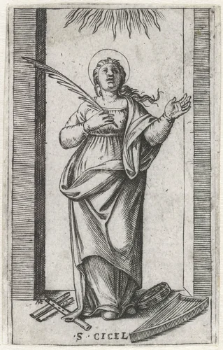 Heilige Cecilia met muziekinstrumenten by Unknown, print, 1500-1527