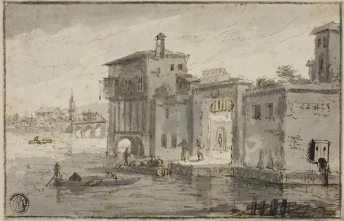 Buildings Beside Lagoon by Claude Lorrain, drawing, 1600-1699