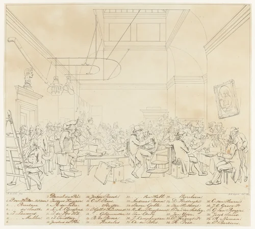 Identificatie van de portretten op het schilderij De Tekenzaal van de Maatschappij Felix Meritis te Amsterdam by Hendrik Willem Caspari, drawing, 1822