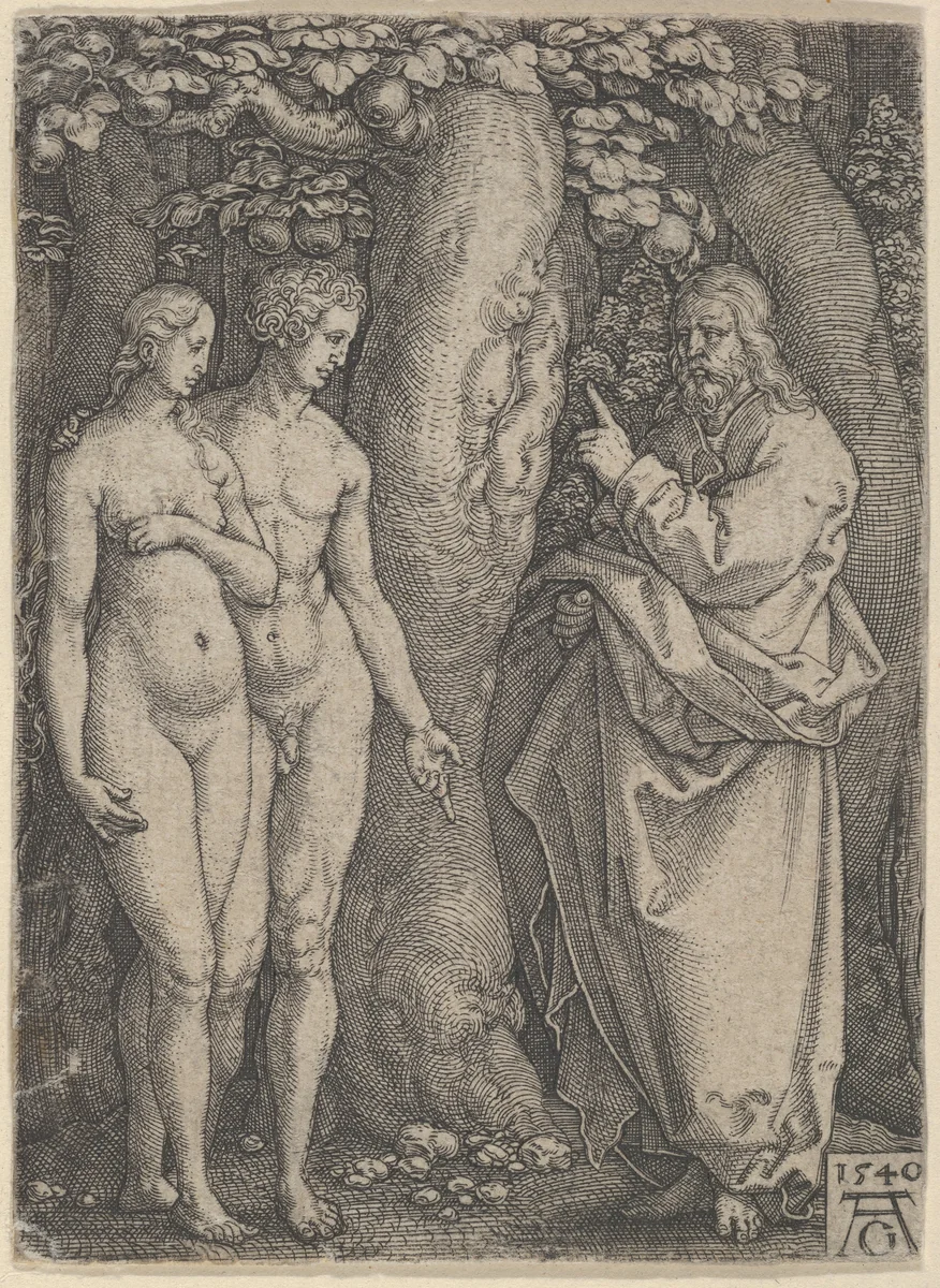 God Forbidding Adam and Eve to Eat from the Tree of Knowledge, from "The Story of Adam and Eve" by Heinrich Aldegrever, print, 1540