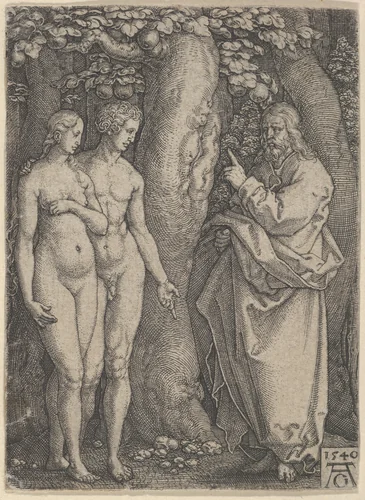 God Forbidding Adam and Eve to Eat from the Tree of Knowledge, from "The Story of Adam and Eve" by Heinrich Aldegrever, print, 1540