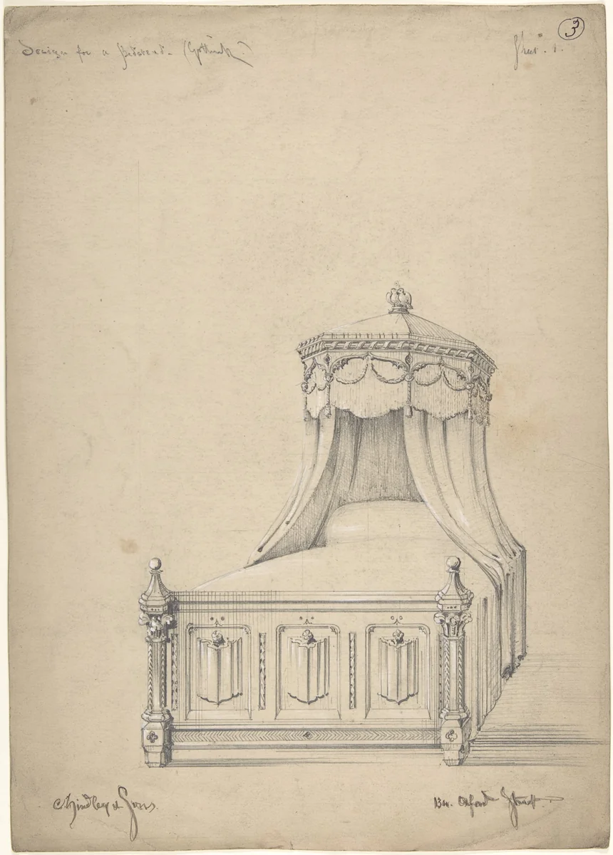 Design for a Gothic Bed by Charles Hindley and Sons, drawing, 1841-1884