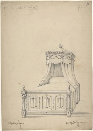 Design for a Gothic Bed by Charles Hindley and Sons, drawing, 1841-1884