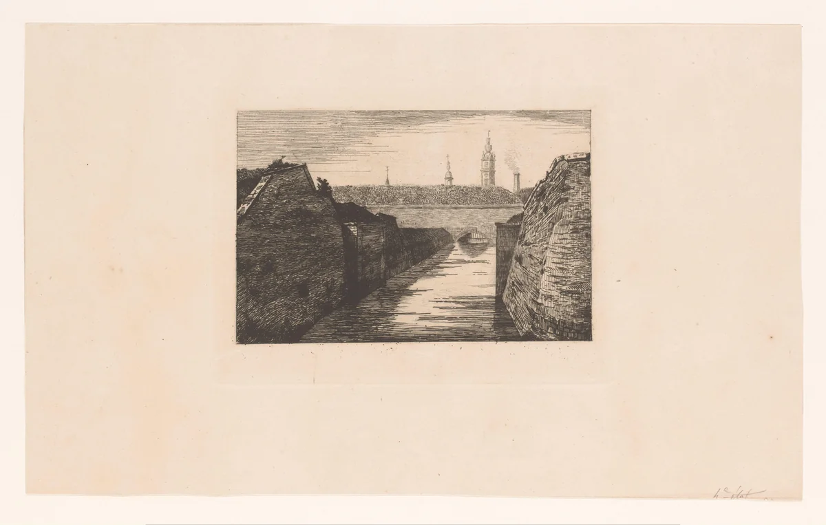 Gezicht op de toegang van de rivier Trouille tot de stad Mons by Léon Dolez, print, 1875-1878